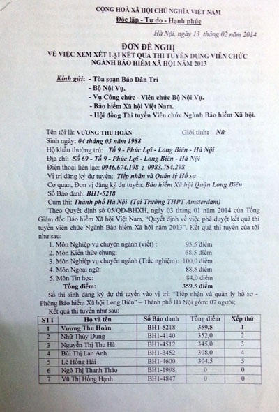Bài 1: Đứng đầu thi viên chức Bảo hiểm xã hội Long Biên, thí sinh vẫn trượt “tức tưởi” - 1 Đơn đề nghị chị Vương Thu Hoàn gửi đến tòa soạn báo Dân trí