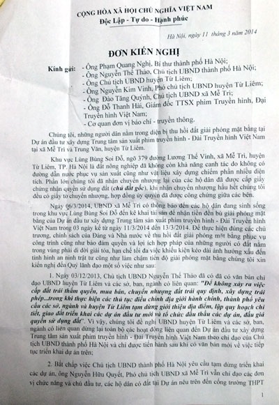 Đơn kiến nghị các hộ dân gửi đến cơ quan chức năng