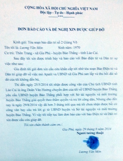 Đơn kêu cứu ông Lương Văn Môn điểm chỉ gửi báo Dân trí