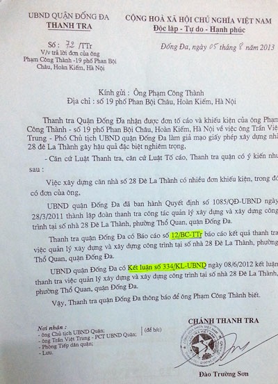 Thông báo việc đã hoàn tất quá trình Thanh tra của Thanh tra quận Đống Đa