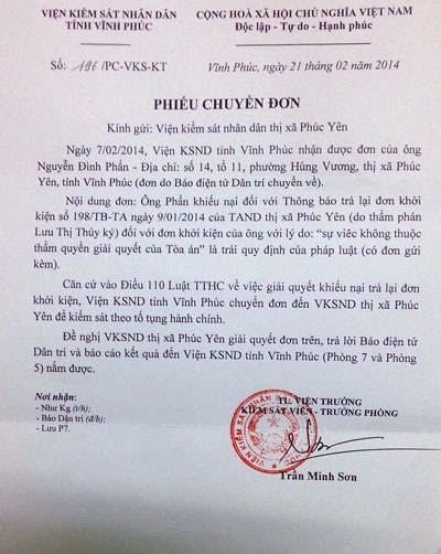 Văn bản của Viện KSND tỉnh Vĩnh Phúc gửi báo Dân trí
