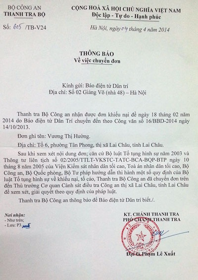 Thanh tra Bộ Công an yêu cầu điều tra vụ tai nạn làm 2 người chết ở thị xã Lai Châu - 3 Thông báo chuyển đơn của Thanh tra Bộ Công an