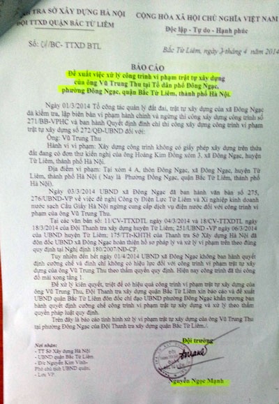Phường Đông Ngạc ra hàng loạt quyết định xử lý, công trình vi phạm vẫn “thách thức” - 2 Báo cáo tình trạng vi phạm chậm được xử lý của Đội Thanh tra xây dựng quận Bắc Từ Liêm