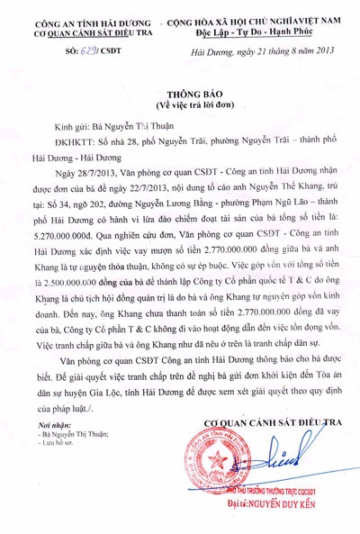 Đề nghị điều tra dấu hiệu lừa đảo trong vụ tranh chấp ở huyện Gia Lộc - 3 Bà Thuận cho rằng việc Cơ quan CSĐT thông báo không khởi tố vụ án có dấu hiệu bỏ lọt tội phạm