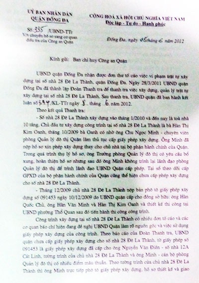 Bài 5: Quận Đống Đa kỷ luật 3 cán bộ vụ làm giả giấy phép xây cả tòa cao ốc - 2 Công văn đề nghị Công an quận Đống Đa điều tra, xử lý những người liên quan