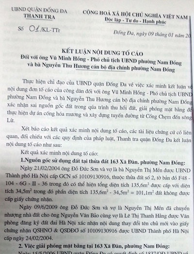 TP Hà Nội chỉ đạo xử lý vi phạm của cán bộ phường Nam Đồng - 1 Kết luận của Thanh tra quận Đống Đa về sai phạm của cán bộ phường Nam Đồng