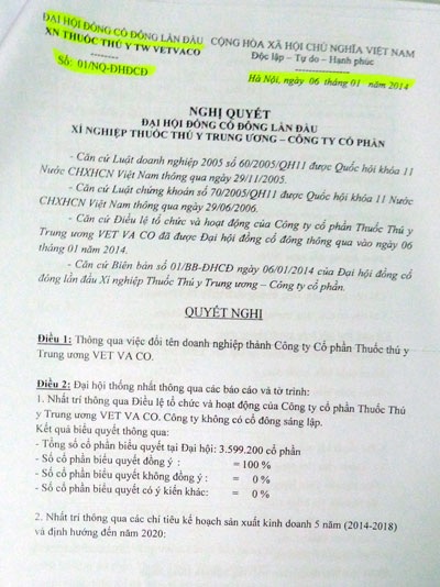 Căng thẳng “thượng tầng” kéo dài, hàng trăm công nhân hoang mang lo lắng - 2 Nghị quyết Đại hội đồng cổ đông lần đầu Công ty Vetvaco đã được thông qua