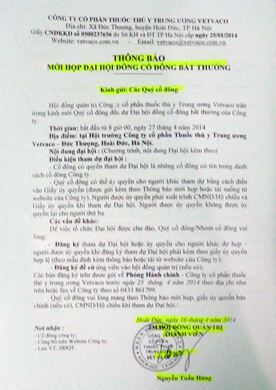Căng thẳng “thượng tầng” kéo dài, hàng trăm công nhân hoang mang lo lắng - 3 Nghị quyết Đại hội đồng cổ đông lần đầu Công ty Vetvaco đã được thông qua