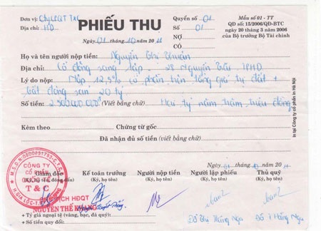 Đề nghị điều tra dấu hiệu lừa đảo trong vụ tranh chấp ở huyện Gia Lộc - 2 Phiếu thu 2,5 tỷ đồng của bà Thuận do ông Khang ký và đóng dấu