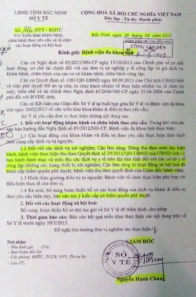 Văn bản tuýt còi của Sở Y tế tỉnh Bắc Ninh