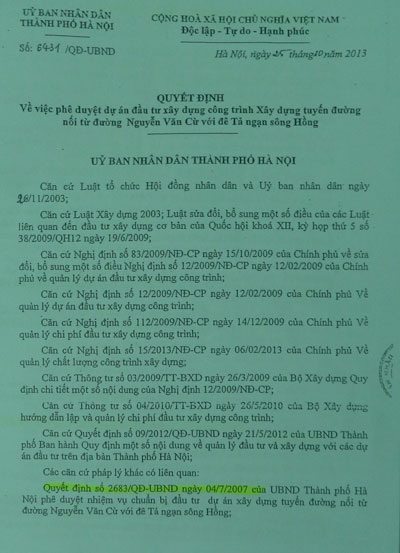 Quyết định phê duyệt dự án của UBND TP Hà Nội