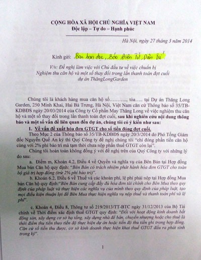Chủ đầu tư Thăng Long Garden bị “tố” xây dựng nhiều hạng mục không phép - 1 Đơn kiến nghị khách hàng Thăng Long Garden gửi đến báo Dân trí