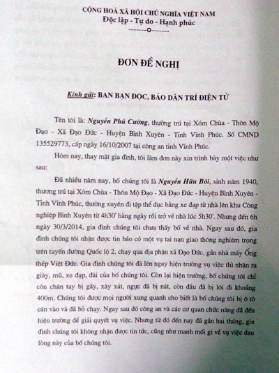 Đề nghị điều tra danh tính lái xe đâm chết người rồi bỏ chạy ở tỉnh Vĩnh Phúc - 1 Đơn đề nghị gia đình nạn nhân Nguyễn Hữu Bôi gửi báo Dân trí