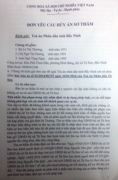 “Cần xem xét hủy bản án vi phạm tố tụng của Tòa án thị xã Từ Sơn” - 3 Đơn đề nghị hủy án sơ thẩm của bà Lê Thị Thường và 2 con