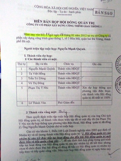 Giám đốc Công ty Xây dựng công trình giao thông 1 bị “tố” cố ý làm trái - 4 Các thành viên HĐQT cho rằng ông Quỳnh đã lập biên bản khống vào ngày