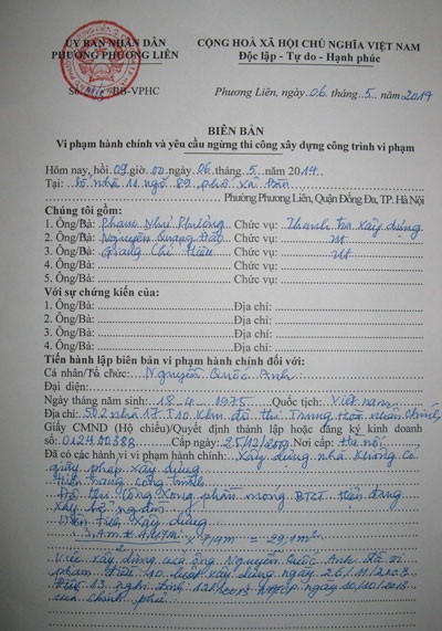 Đình chỉ xây dựng công trình không phép đang có tranh chấp ở phường Phương Liên - 3 Biên bản yêu cầu dừng thi công công trình