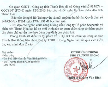 Văn bản kết luận của Công an tỉnh Thanh Hóa