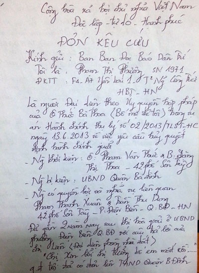 Công dân bức xúc vì Tòa án quận Ba Đình chậm đưa vụ án ra xét xử - 1 Đơn kêu cứu gia đình bà Phương gửi báo Dân trí