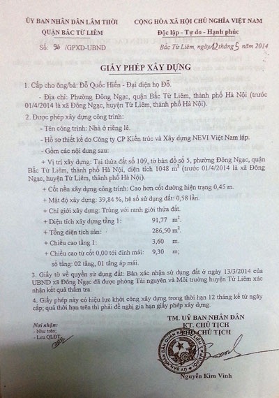 Đất đang tranh chấp, quận Bắc Từ Liêm vẫn cấp phép xây dựng - 1 Giấy phép xây dựng UBND quận Bắc Từ Liêm cấp cho gia đình ông Hiến