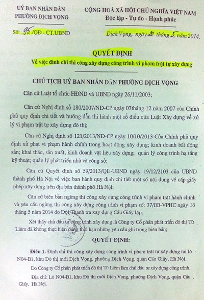 Đình chỉ thi công vô thời hạn tòa cao ốc không giấy phép ở phường Dịch Vọng - 2 Quyết định đình chỉ thi công công trình vi phạm của UBND phường Dịch Vọng