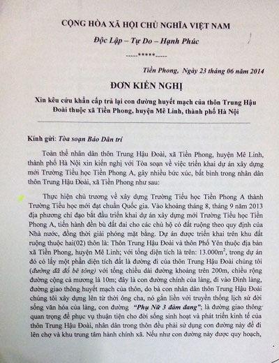 Đơn đề nghị hàng trăm hộ dân thôn Trung Hậu Đoài gửi đến báo Dân trí