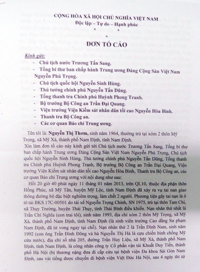 Công an huyện Mỹ Lộc bị “tố" bao che cho tài xế gây tai nạn thảm khốc - 1 Đơn tố cáo gia đình nạn nhân Trần Chỉ Nghĩa gửi báo Dân trí và các cơ quan chức năng