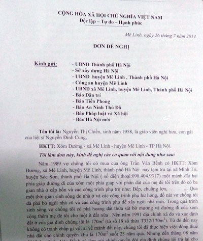 Hà Nội: Chính quyền thờ ơ, nhà dân bị xâm chiếm thô bạo - 1 Đơn đề nghị bà Chiến gửi báo Dân trí và các cơ quan chức năng