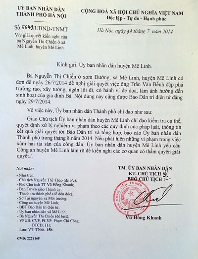 Huyện Mê Linh lên phương án phá dỡ công trình xâm hại nhà cựu Công an - 1 Văn bản chỉ đạo của Phó chủ tịch Thành phố Vũ Hồng Khanh