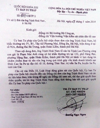 Ủy ban tư pháp đề nghị điều tra vụ tranh chấp có dấu hiệu lừa đảo ở Sa Pa - 5 Văn bản Ủy ban Tư pháp Quốc hội gửi Bộ Công an và Viện KSND Tối cao