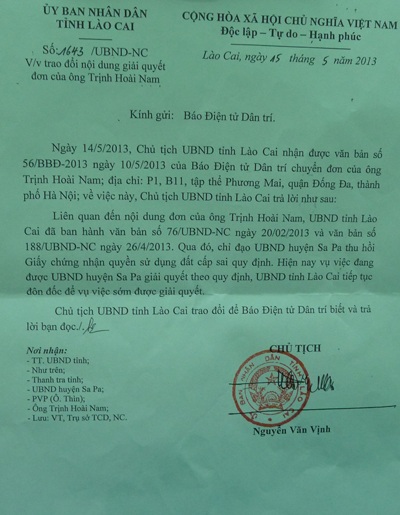 Ủy ban tư pháp đề nghị điều tra vụ tranh chấp có dấu hiệu lừa đảo ở Sa Pa - 2 Văn bản Chủ tịch UBND tỉnh Lào Cai gửi báo Dân trí tháng 5/2013
