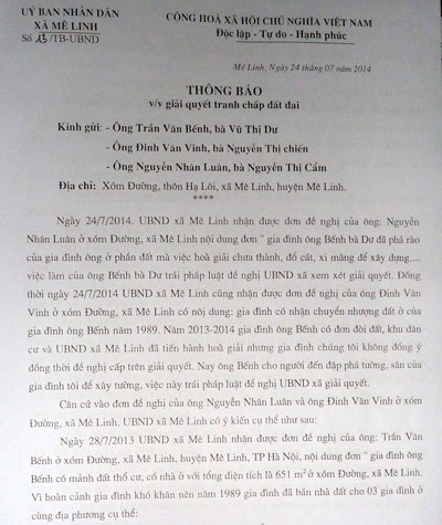 Hà Nội: Chính quyền thờ ơ, nhà dân bị xâm chiếm thô bạo - 4 Yêu cầu phá dỡ công trình vi phạm trước 8h ngày 25/7/2014 chưa được ông Bếnh thực thi