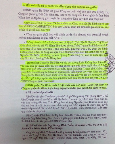 Công an Ba Đình xem xét khởi tố vụ chiếm giữ nhà trái pháp luật - 3 Văn bản của UBND quận Ba Đình đã chỉ rõ vi phạm và việc chiếm giữ tài sản bất hợp pháp