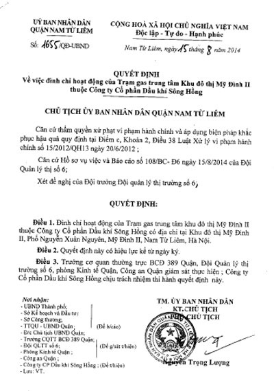 TP Hà Nội chỉ đạo làm rõ trách nhiệm, xử lý vi phạm vụ “bom gas” Mỹ Đình - 3 Quyết định đình chỉ hoạt động của Công ty gas Sông Hồng
