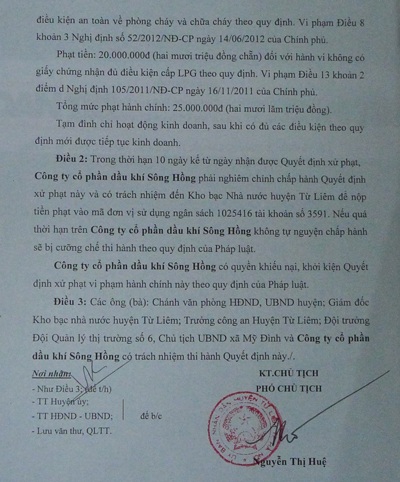 Vụ “bom gas” ở Mỹ Đình: Công ty Sông Hồng trắng trợn hoạt động “chui” nhiều năm - 3 Quyết định xử phạt và đình chỉ hoạt động của UBND huyện Từ Liêm