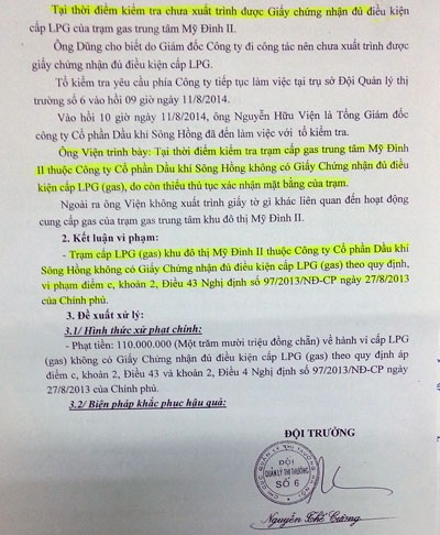 Vụ “bom gas” ở Mỹ Đình: Công ty Sông Hồng trắng trợn hoạt động “chui” nhiều năm - 5 Đề xuất xử phạt của Đội QLTT số 6