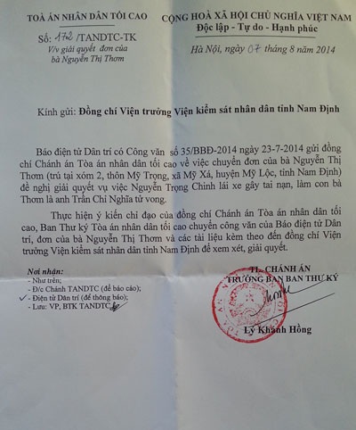 Văn bản truyền đạt ý kiến chỉ đạo của Chánh án TAND Tối cao