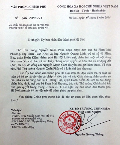 Hà Nội: Giải quyết khiếu nại chưa thấu đáo, một gia đình rơi vào cảnh khốn đốn - 5 Văn bản chỉ đạo giải quyết của Phó thủ tướng Nguyễn Xuân Phúc