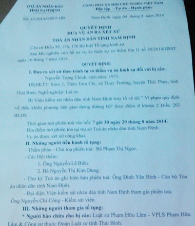 Quyết định đưa vụ án ra xét xử theo trình tự sơ thẩm