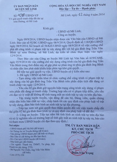 Văn bản yêu cầu tạm dừng việc cưỡng chế của UBND huyện Mê Linh