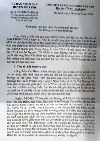 Huyện Mê Linh không thực hiện nghiêm túc nội dung báo cáo gửi TP. Hà Nội