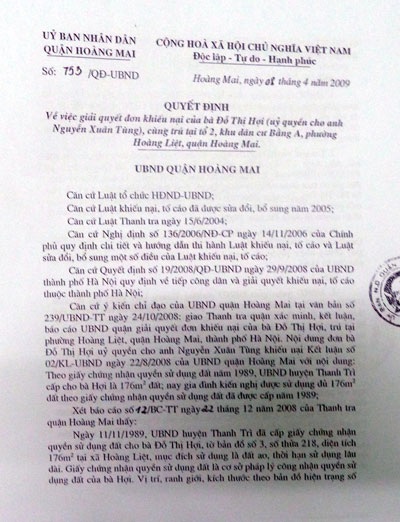 Khi phát hiện có biến động diện tích gia đình bà Hợi đã báo cáo quận Hoàng Mai từ năm 2004