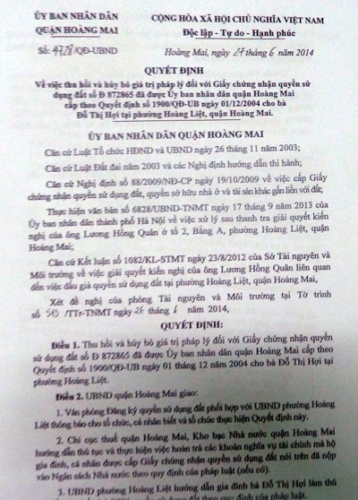 Quyết định hủy bỏ sổ đỏ do UBND quận Hoàng Mai ban hành