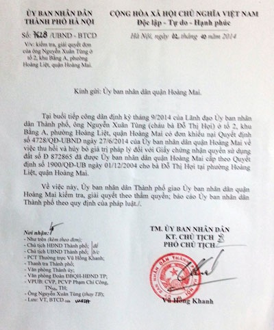 TP Hà Nội chỉ đạo làm rõ vụ “cắt gọt” nhà dân bán đấu giá - 1 Văn bản chỉ đạo giải quyết của UBND TP. Hà Nội