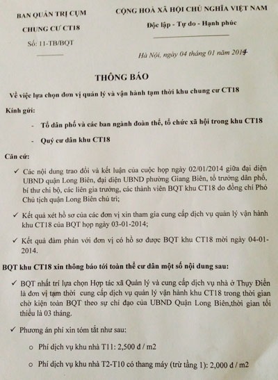 Hà Nội: Hàng trăm hộ dân khu CT18 Việt Hưng được ''giải cứu'' - 2 Thông báo việc lựa chọn đơn vị cung ứng dịch vụ tạm thời
