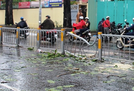 Dải phân cách bằng sắt bị hư hỏng do nhánh cây rơi trúng