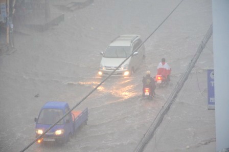 Xe ô tô phải bật đèn khi di chuyển trên đường vì mưa trắng trời.