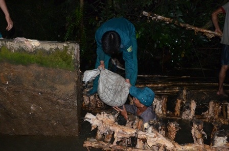 Từng bao cát được chuyền tay nhau để lấp vào vị trí đoạn để bị vỡ