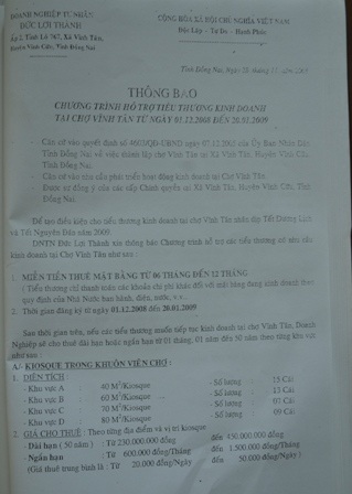 Giá thuê mỗi ki ốt tại chợ Vĩnh Tân mới trong thời hạn 50 năm là từ 230 - 450 triệu đồng