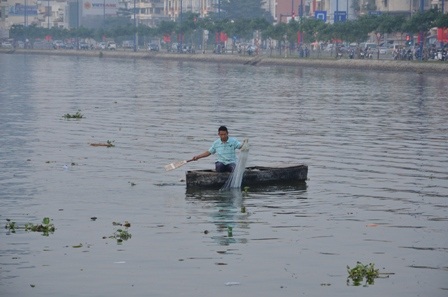 Đi thuyền ra giữa sông vớt cá chép (Ảnh: Đình Thảo)