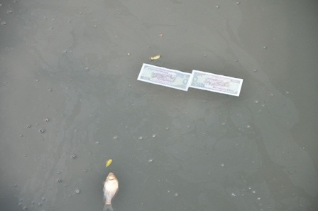 Có người còn thả tiền để ông Công ông Táo làm lộ phí đi đường. (Ảnh: Đình Thảo).